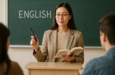 示意圖：講台與英語教學場景｜英語點讀器讓閱讀理解更生動