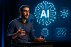 示意圖:講台上的 AI 主題演示|短視頻封面如何設計吸引點擊與提升觀看率