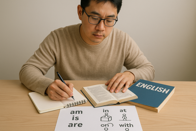 示意圖：英語閱讀與筆記練習｜基礎英文必學：be動詞與常用介詞簡單教學