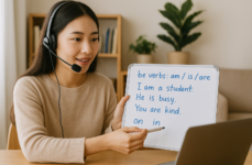 示意圖：戴耳機進行口說練習｜基礎英語文法快速入門：be動詞與常用詞句教學