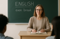 示意圖：講台與英語教學場景｜even break 是什麼意思