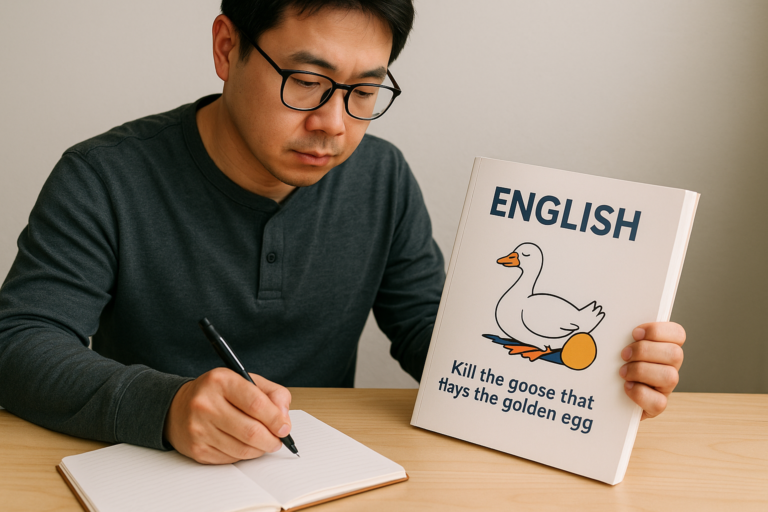 示意圖:英語閱讀與筆記練習|在學習英語的過程中,有許多常用的習語可以幫助我們更貼近母語者的表達。其中「kill the goose that lays the golden egg」這個表達非常有趣,它意指摧毀能夠持續帶來利益的事物。理解這個短語的意思不僅有助於我們的