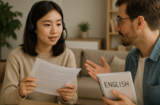 示意圖：戴耳機進行口說練習｜如何快速理解文章中的長句