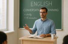 示意圖：講台與英語教學場景｜英語口說最快進步的方法：每天 15 分鐘情境對話訓練法